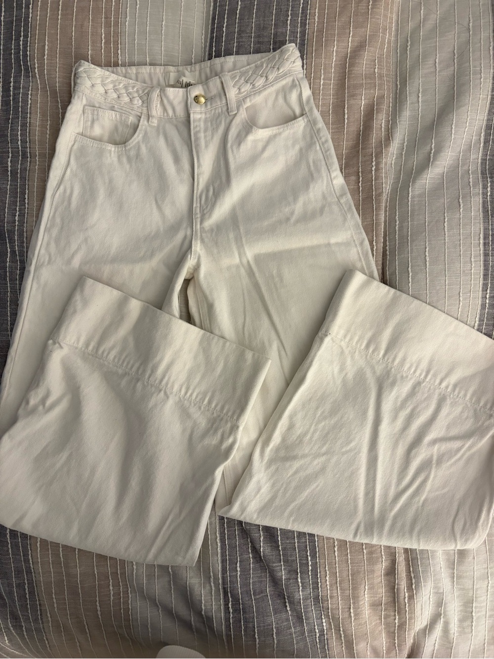 H&M White Wide Leg Jeans With Braided Waist Sz 2